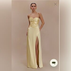 Larissa Satin Maxi Dress with Ruched Petals -Lemon